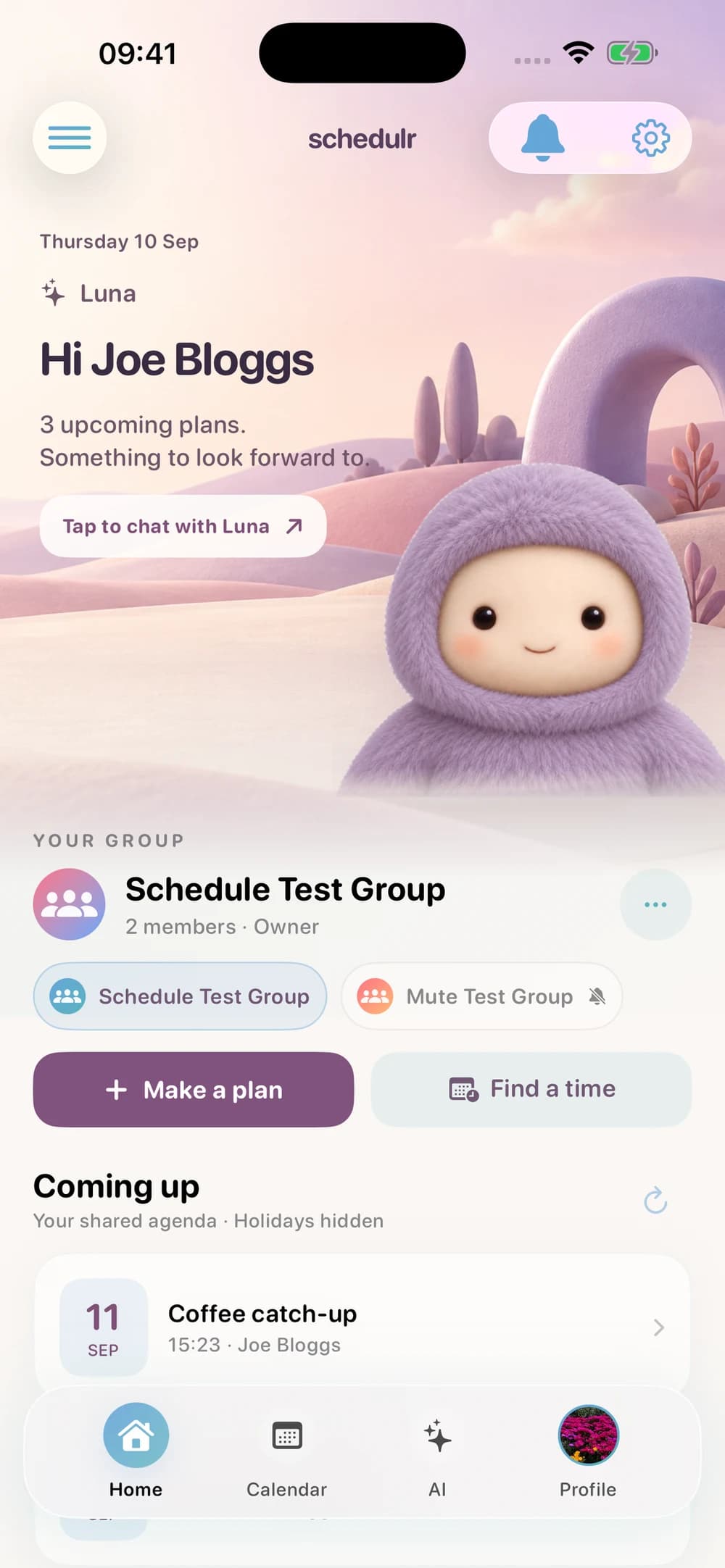 The refreshed Schedulr home screen with Luna, your groups, and upcoming plans