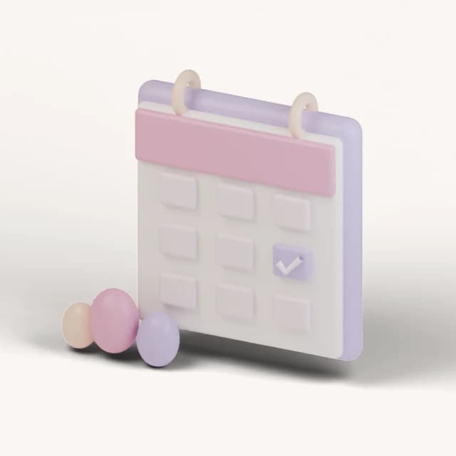 A softly sculpted lavender calendar with a checked day and three little friends